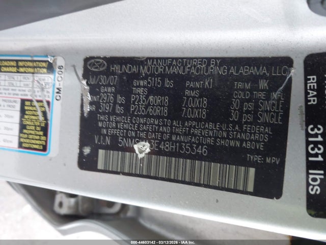 Aukcja sprzedaży 2008 Hyundai Santa Fe Limited/se, vin: 5NMSH13E48H135346, numer aukcji: 44603142