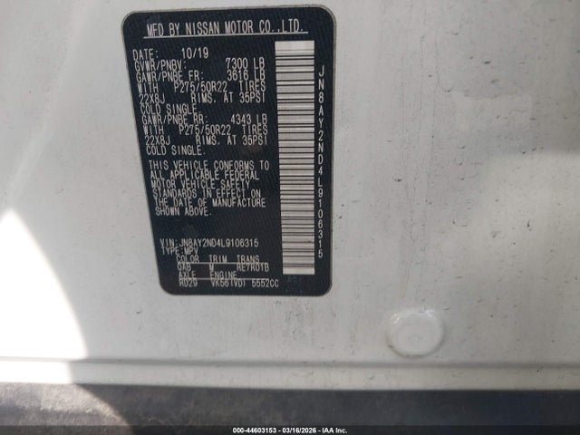 Aukcja sprzedaży 2020 Nissan Armada Platinum 2wd, vin: JN8AY2ND4L9106315, numer aukcji: 44603153