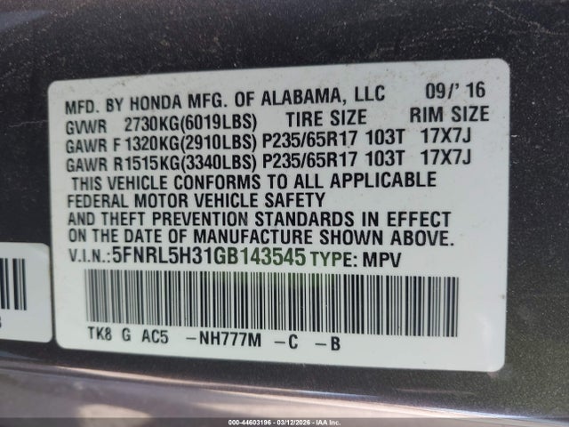 Honda ODYSSEY SE 2016 5FNRL5H31GB143545 Image 9
