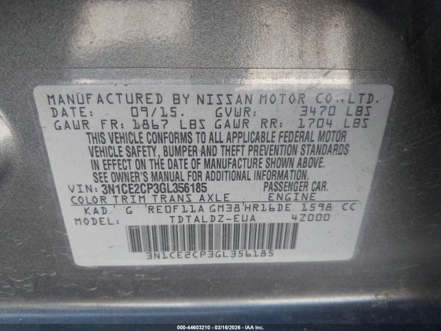 Nissan Versa Note S (sr)/s Plus/sl/sr/sv 2016 3N1CE2CP3GL356185 Image 9