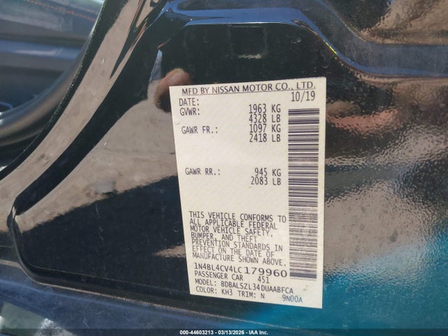 Продажа на аукционе авто 2020 Nissan Altima Sr Fwd, vin: 1N4BL4CV4LC179960, номер лота: 44603213