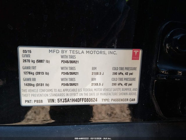 44603222 :رقم المزاد ، 5YJSA1H40FF080624 vin ، 2015 Tesla Model S 85d/p85d مزاد بيع