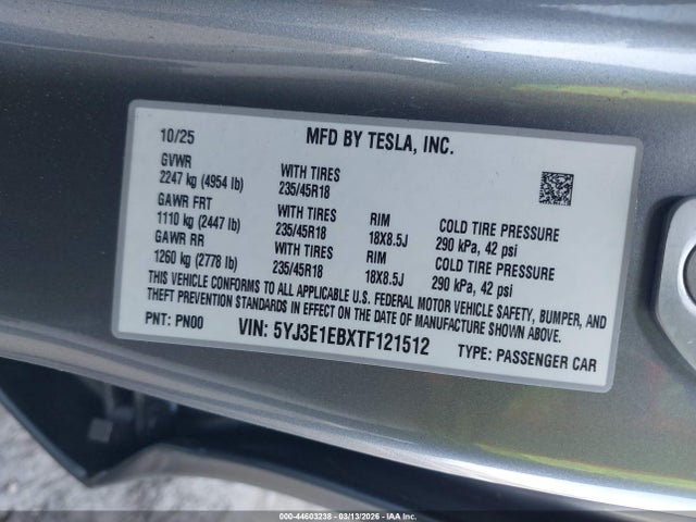 Продаж на аукціоні авто 2026 Tesla Model 3 Premium All-wheel Drive, vin: 5YJ3E1EBXTF121512, номер лоту: 44603238