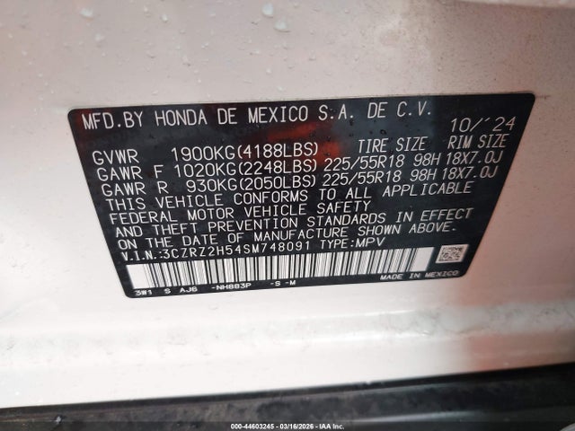 44603245 :رقم المزاد ، 3CZRZ2H54SM748091 vin ، 2025 Honda Hr-v Awd Sport مزاد بيع