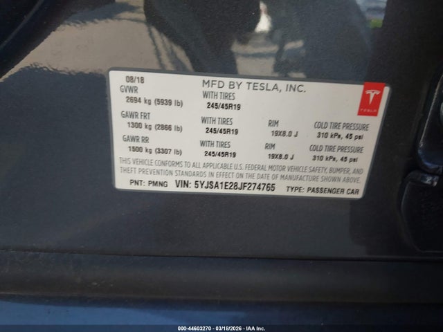 Продаж на аукціоні авто 2018 Tesla Model S 100d/75d/p100d, vin: 5YJSA1E28JF274765, номер лоту: 44603270