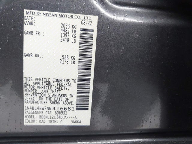 1N4BL4EW7NN416681 Nissan Altima Sl Intelligent Awd