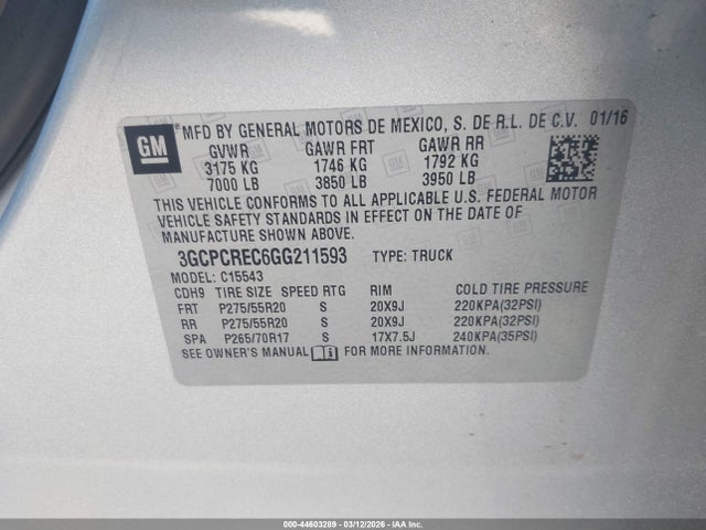 3GCPCREC6GG211593 Chevrolet Silverado 1500 1lt