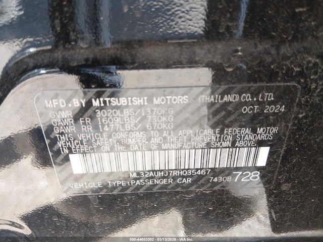 Продаж на аукціоні авто 2024 Mitsubishi Mirage Es/le, vin: ML32AUHJ7RH035467, номер лоту: 44603302