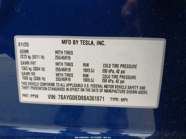 Продаж на аукціоні авто 2025 Tesla Model Y Long Range Dual Motor Rear-wheel Drive, vin: 7SAYGDED8SA361871, номер лоту: 44603304