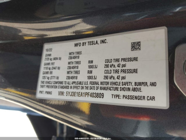 Продажа на аукционе авто 2023 Tesla Model 3 Rear-wheel Drive, vin: 5YJ3E1EA1PF403809, номер лота: 44603310