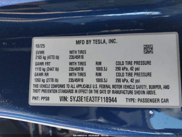 44603314 :رقم المزاد ، 5YJ3E1EA3TF118944 vin ، 2026 Tesla Model 3 Premium Rear-wheel Drive/standard Rear-wheel Drive مزاد بيع