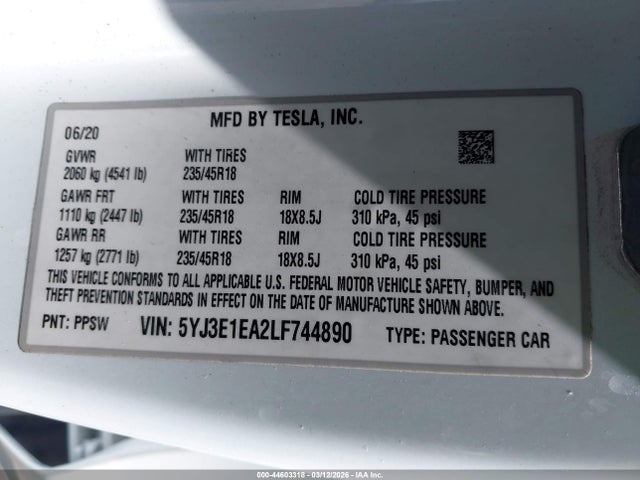 2020 TESLA MODEL 3 5YJ3E1EA2LF744890 Photo 8