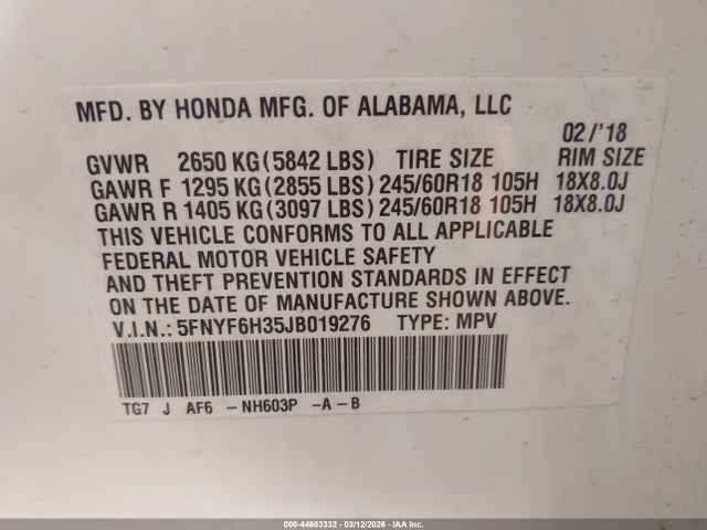 5FNYF6H35JB019276 Honda Pilot Ex