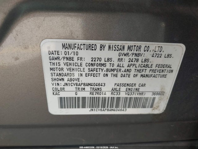 2010 Infiniti G37 Journey მანქანა იყიდება აუქციონზე, vin: JN1CV6AP8AM404643, აუქციონის ნომერი: 44603356