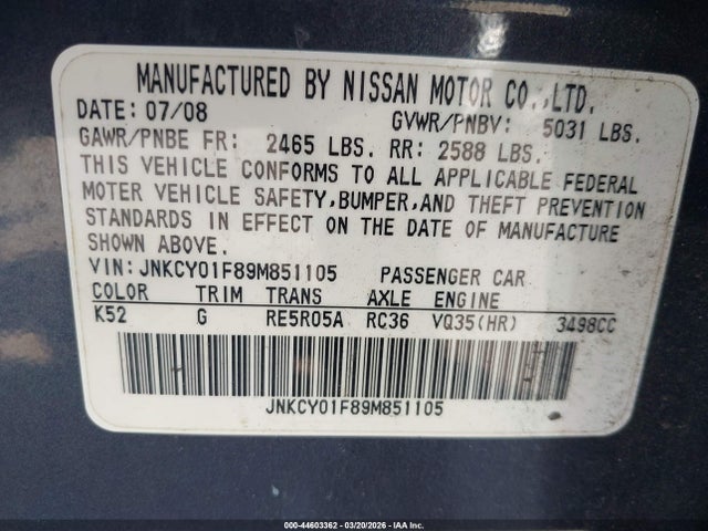 44603362 :رقم المزاد ، JNKCY01F89M851105 vin ، 2009 Infiniti M35x مزاد بيع