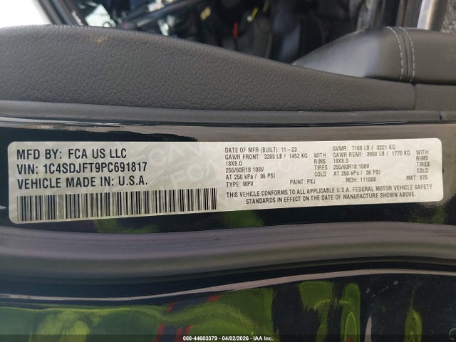 Продажа на аукционе авто 2023 Dodge Durango Pursuit Awd, vin: 1C4SDJFT9PC691817, номер лота: 44603379