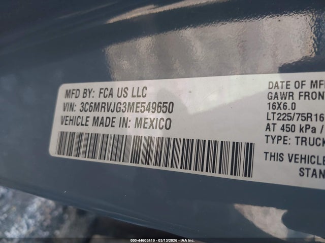 44603419 :رقم المزاد ، 3C6MRVJG3ME549650 vin ، 2021 Ram Promaster 3500 Cargo Van High Roof 159 Wb Ext مزاد بيع