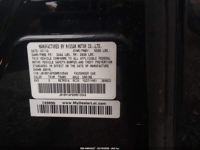 2013 Infiniti M37 მანქანა იყიდება აუქციონზე, vin: JN1BY1AP6DM510549, აუქციონის ნომერი: 44603437
