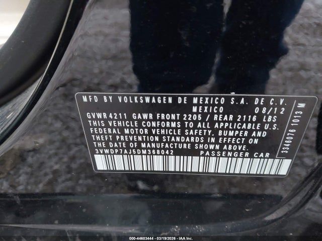 44603444 :رقم المزاد ، 3VWDP7AJ5DM368042 vin ، 2013 Volkswagen Jetta Se مزاد بيع