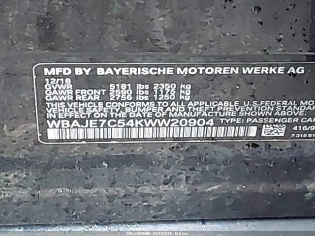 Aukcja sprzedaży 2019 Bmw 540i Xdrive, vin: WBAJE7C54KWW20904, numer aukcji: 44603456