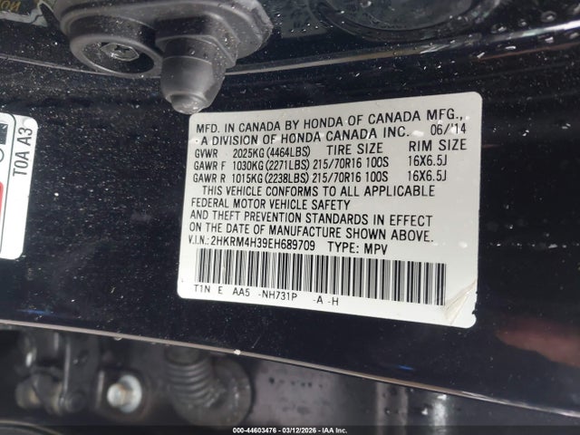 44603476 :رقم المزاد ، 2HKRM4H39EH689709 vin ، 2014 Honda Cr-v Lx مزاد بيع