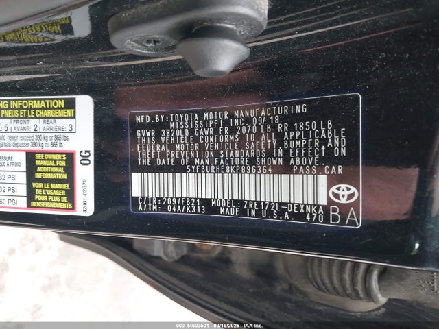 2019 Toyota Corolla Le მანქანა იყიდება აუქციონზე, vin: 5YFBURHE8KP896364, აუქციონის ნომერი: 44603501