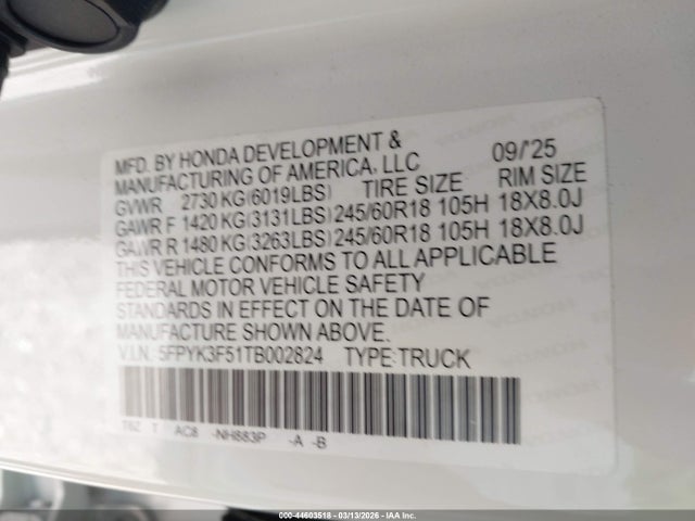 Honda Ridgeline Rtl 2026 5FPYK3F51TB002824 Image 9