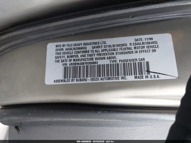 Продаж на аукціоні авто 2000 Subaru Legacy Gt, vin: 4S3BH6458Y6306883, номер лоту: 44603530