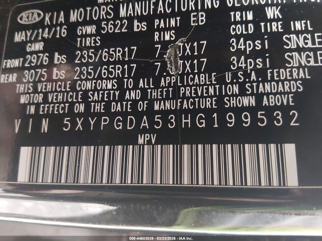 44603539 :رقم المزاد ، 5XYPGDA53HG199532 vin ، 2017 Kia Sorento 3.3l Lx مزاد بيع