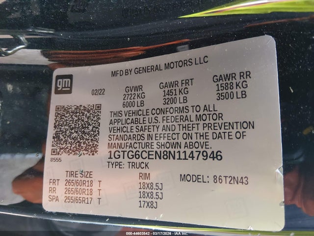 44603542 :رقم المزاد ، 1GTG6CEN8N1147946 vin ، 2022 Gmc Canyon 4wd  Short Box Elevation مزاد بيع