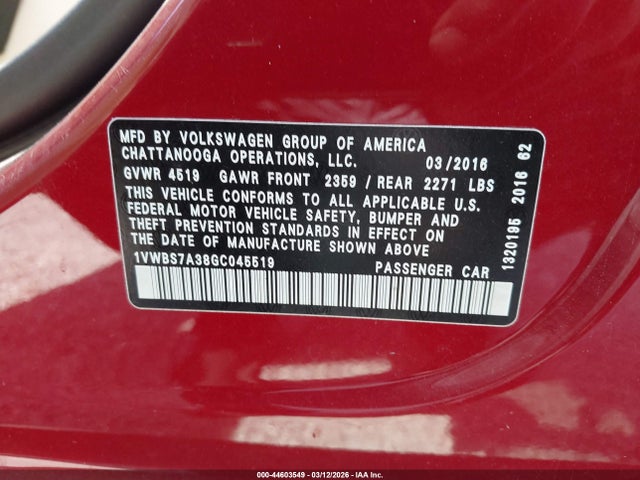 Продаж на аукціоні авто 2016 Volkswagen Passat 1.8t Se, vin: 1VWBS7A38GC045519, номер лоту: 44603549