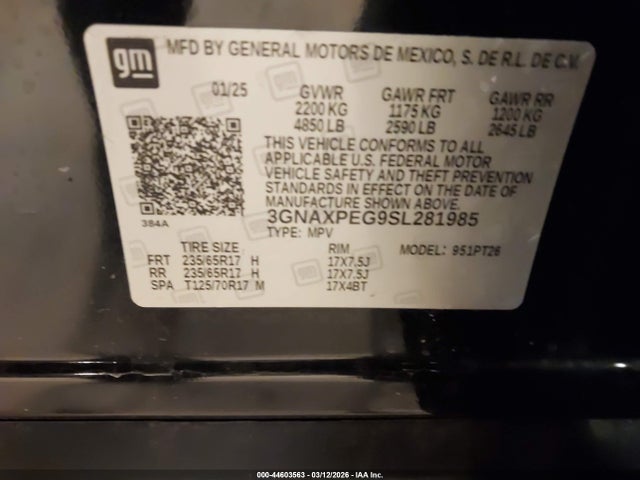 Aukcja sprzedaży 2025 Chevrolet Equinox Awd Lt, vin: 3GNAXPEG9SL281985, numer aukcji: 44603563