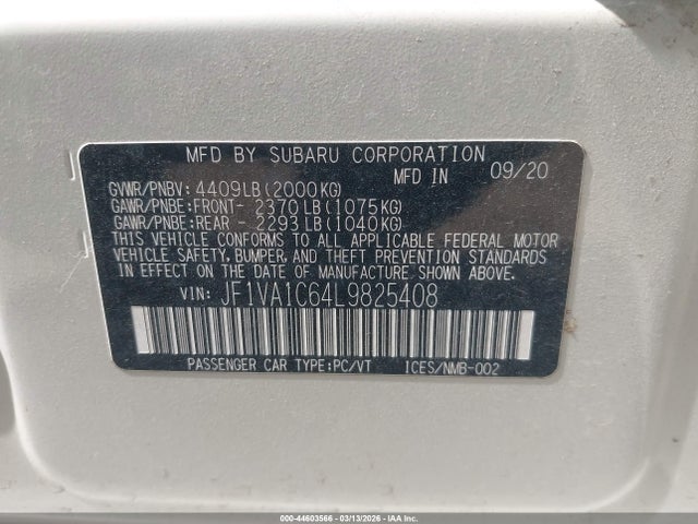 2020 Subaru Wrx Premium მანქანა იყიდება აუქციონზე, vin: JF1VA1C64L9825408, აუქციონის ნომერი: 44603566