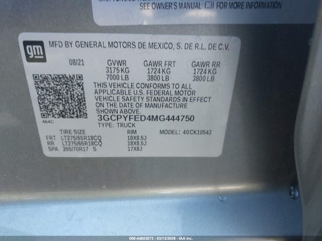 44603573 :رقم المزاد ، 3GCPYFED4MG444750 vin ، 2021 Chevrolet Silverado 1500 4wd  Short Bed Lt Trail Boss مزاد بيع