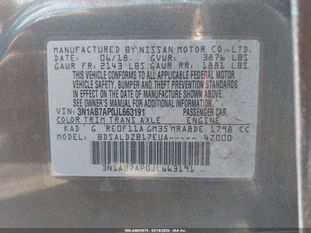 3N1AB7AP0JL663191 Nissan SENTRA SV