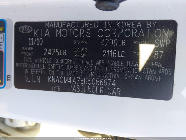 Aukcja sprzedaży 2011 Kia Optima Lx, vin: KNAGM4A76B5066674, numer aukcji: 44603589