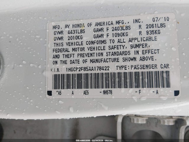 2010 HONDA ACCORD SDN 1HGCP2F85AA178422 Photo 8