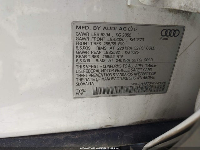 2017 Audi Q7 2.0t Premium მანქანა იყიდება აუქციონზე, vin: WA1AHAF70HD048328, აუქციონის ნომერი: 44603628