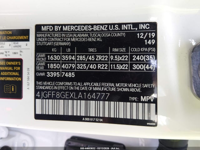 Aukcja sprzedaży 2020 Mercedes-benz Gls 580 4matic, vin: 4JGFF8GEXLA164777, numer aukcji: 44603632