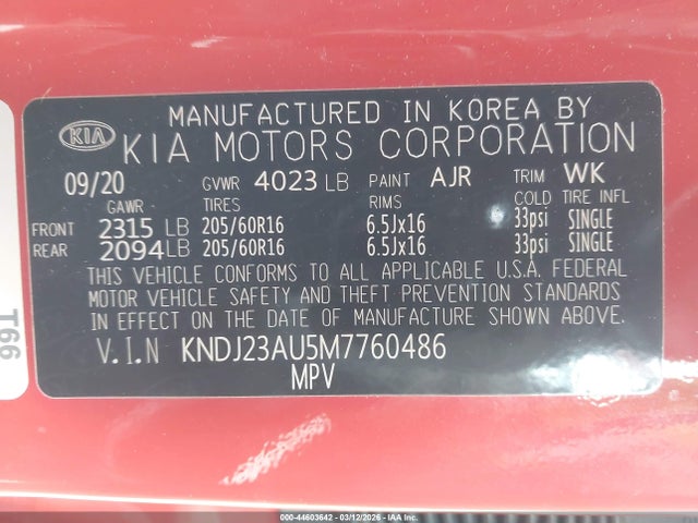 Aukcja sprzedaży 2021 Kia Soul Lx, vin: KNDJ23AU5M7760486, numer aukcji: 44603642