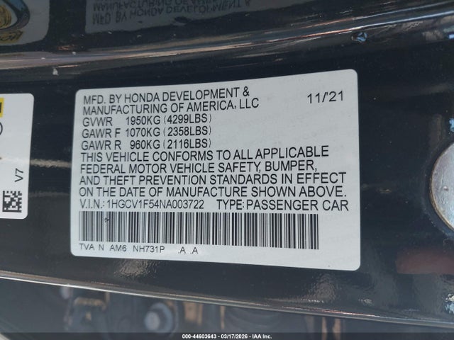 Aukcja sprzedaży 2022 Honda Accord Ex-l, vin: 1HGCV1F54NA003722, numer aukcji: 44603643