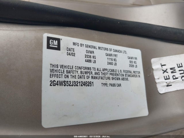 2002 Buick Century Custom მანქანა იყიდება აუქციონზე, vin: 2G4WS52J321246261, აუქციონის ნომერი: 44603651