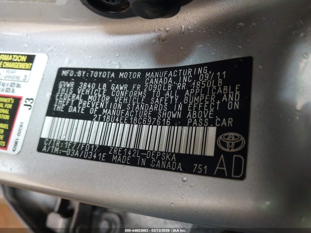 44603663 :رقم المزاد ، 2T1BU4EE1BC697616 vin ، 2011 Toyota Corolla S مزاد بيع