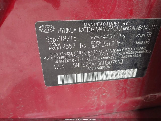 5NPE24AF5GH307803 Hyundai SONATA SE