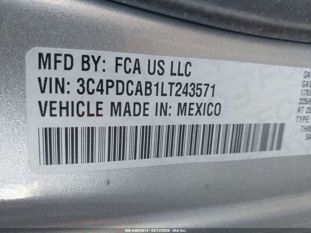 44603674 :رقم المزاد ، 3C4PDCAB1LT243571 vin ، 2020 Dodge Journey Se Value مزاد بيع
