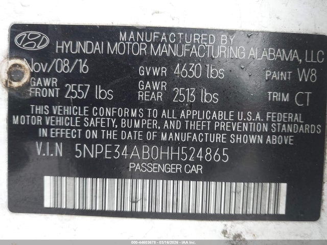 44603678 :رقم المزاد ، 5NPE34AB0HH524865 vin ، 2017 Hyundai Sonata Limited 2.0t مزاد بيع