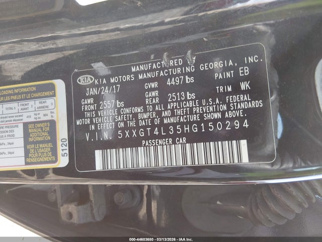 2017 Kia Optima Lx მანქანა იყიდება აუქციონზე, vin: 5XXGT4L35HG150294, აუქციონის ნომერი: 44603680