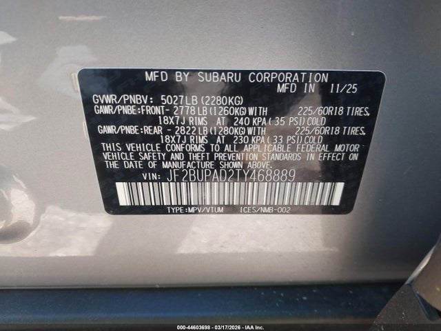 2026 Subaru Outback Premium მანქანა იყიდება აუქციონზე, vin: JF2BUPAD2TY468889, აუქციონის ნომერი: 44603698