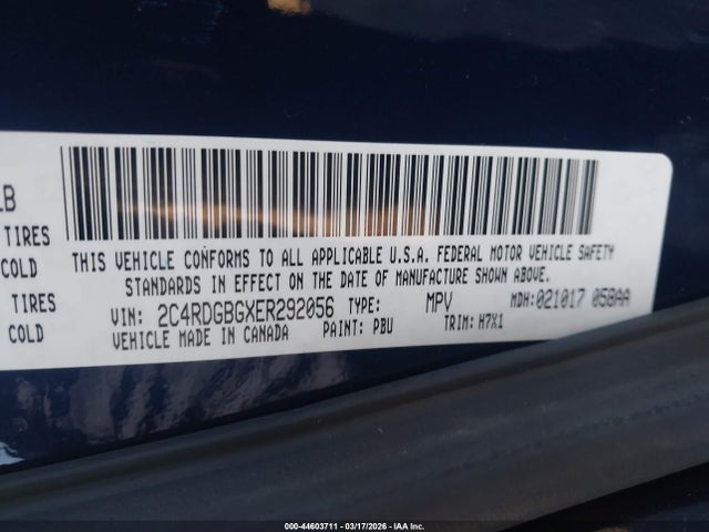 2014 Dodge Grand Caravan Se მანქანა იყიდება აუქციონზე, vin: 2C4RDGBGXER292056, აუქციონის ნომერი: 44603711