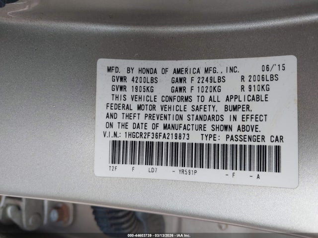 Aukcja sprzedaży 2015 Honda Accord Lx, vin: 1HGCR2F36FA219873, numer aukcji: 44603739